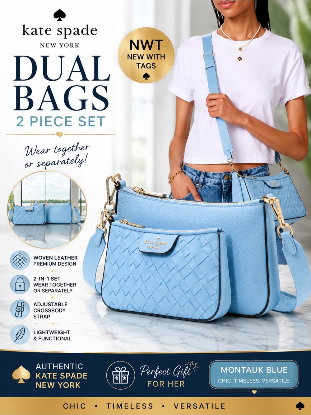 kate spade Duet - 2 Piece Crossbody Set | Montauk Blue with Gold Hardware NWT